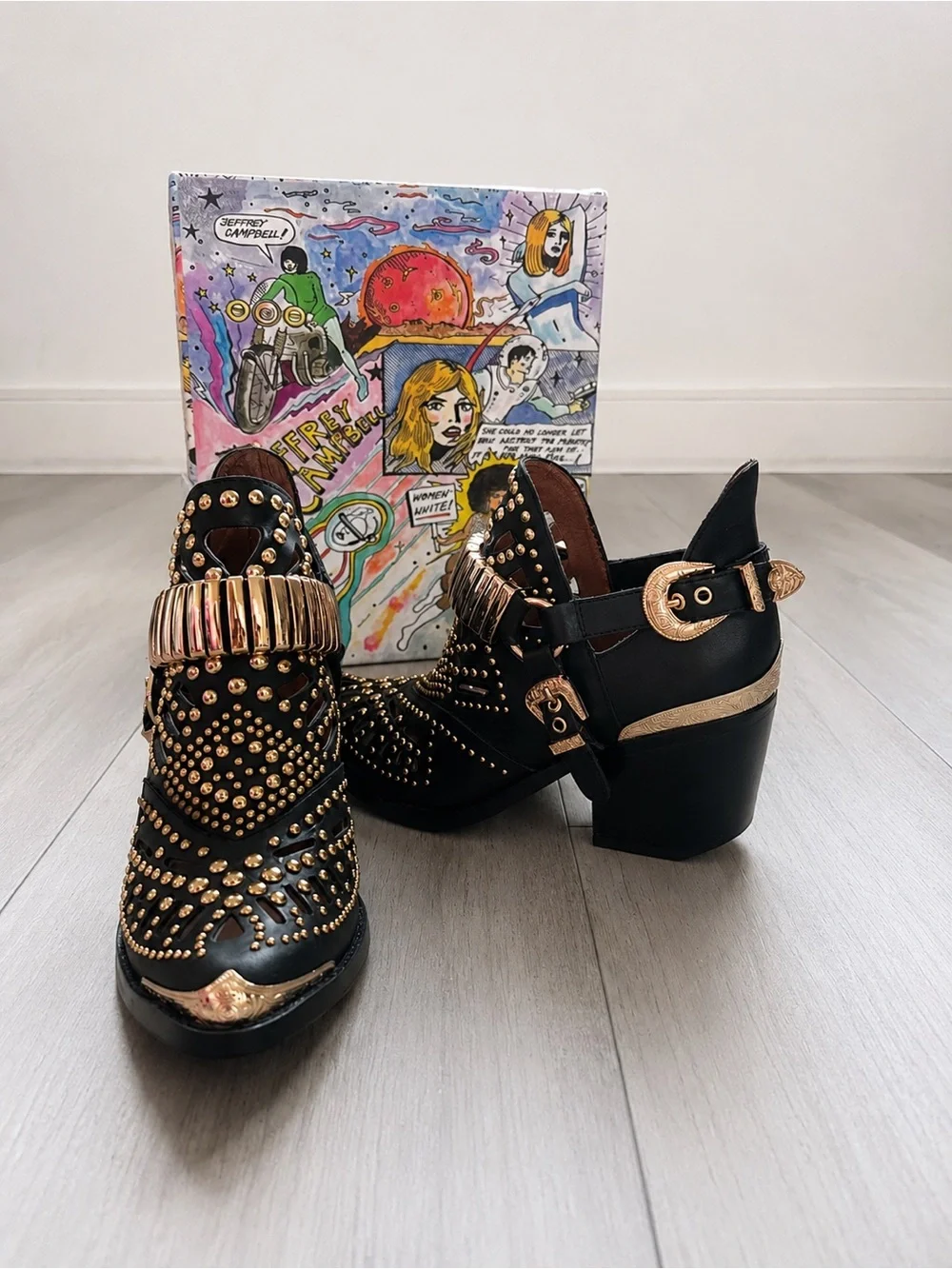 Jeffrey Campbell Calhoun-4 Boots 6.5 Black Gold Studded Western NWT